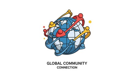 Depiction of a global community with people connecting around the world, symbolizing unity, communication, and network in diverse cultures.
