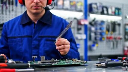 Technician meticulously repairing a computer motherboard in a workshop environment - Powered by Adobe