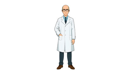 Vector illustration of a confident senior male professor wearing a white lab coat and glasses, standing with hands in pockets, representing professionalism, intelligence, and academic expertise.