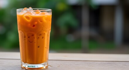 Refreshing Iced Thai Tea in Glass on Wooden Table, Outdoor Setting