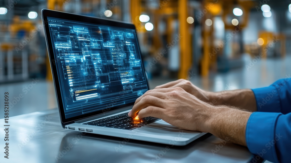 Poster high tech interface displaying diagnostics on laptop hands typing industrial background