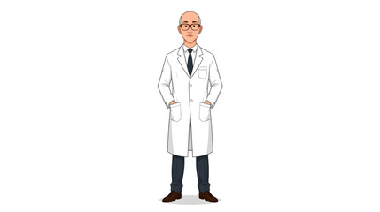 Vector illustration of a confident senior male professor wearing a white lab coat and glasses, standing with hands in pockets, representing professionalism, intelligence, and academic expertise.