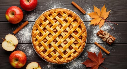 A beautiful and delicious-looking flat lay of a freshly baked apple pie with a lattice crust, surrounded by apples and cinnamon sticks.