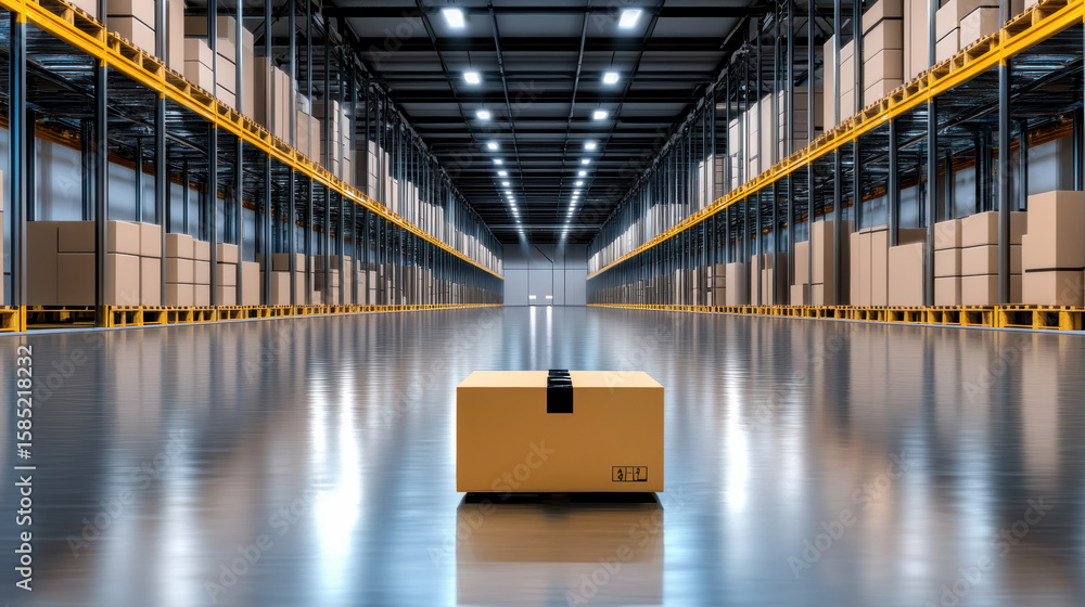 Poster spacious logistics center features rows of shelves filled with neatly stacked boxes