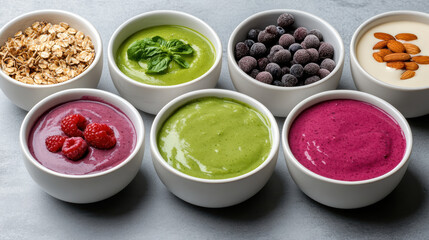 Smoothie bowls arranged by flavor with vibrant colors and healthy toppings create delightful
