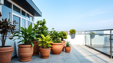 Fototapeta premium Lush greenery adorning modern rooftop terrace
