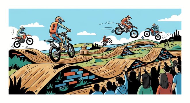 cartoon style drawing of a motocross race, racing, motorcycle, competition, sport, biker, ride, riding, speed, dirt bike, motocross rider, dirt racing, motocross bike, off-road bike, jump
