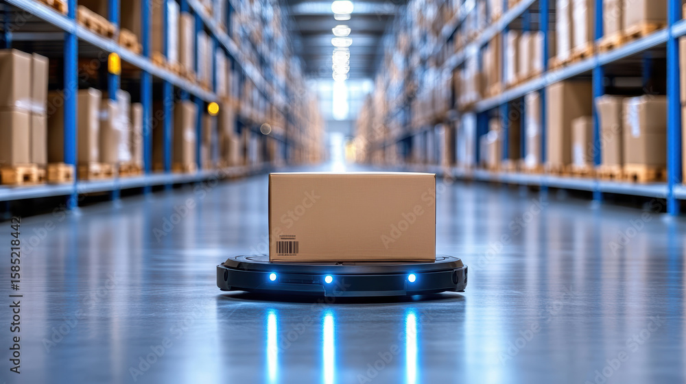 Poster automated logistics robot transporting package warehouse aisle, showcasing efficiency