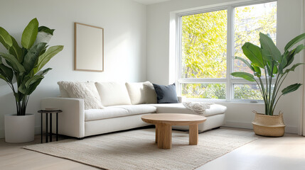 Naklejka premium Bright living space featuring cozy sofa, natural light, and indoor plants creating serene