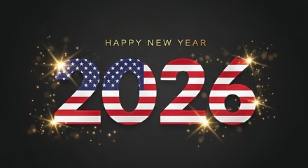 This dynamic image combines the "HAPPY NEW YEAR" message with a distinctive American flag-themed "2026," creating a creative concept for national festivities and the promise of innovation.