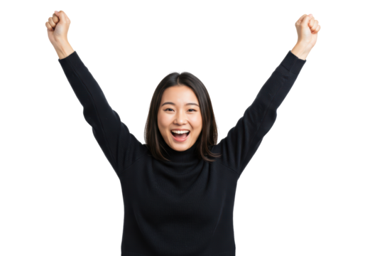 Isolated Joyful Asian Woman Raising Arms in Celebration