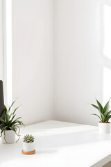 Minimalistic workspace with sunlit green plants