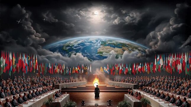 Global Leaders Summit: United Nations Assembly with World Flags and Focused Speaker Addressing International Delegates.