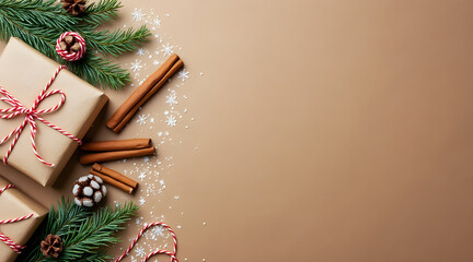 Festive christmas gifts with pine branches cinnamon sticks snowflakes and peppermint candies on a warm brown background