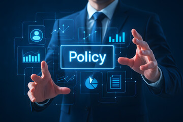 Businessman presents policy with digital interface and data analysis icons