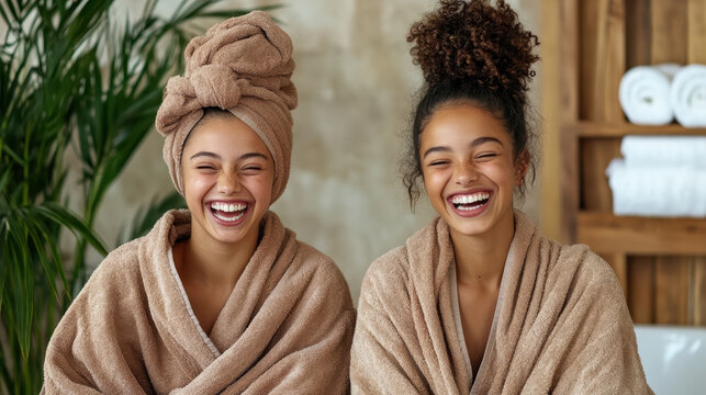 Joyful moments shared between mother and daughter in cozy towels, enjoying skincare together