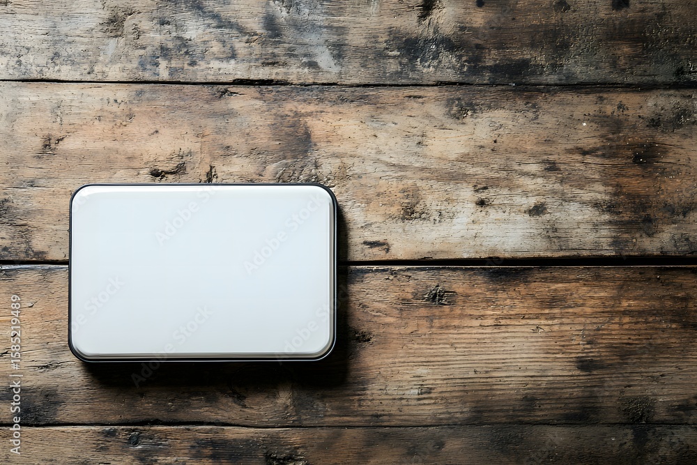 Poster minimalist design with empty box on rustic wooden table in natural light