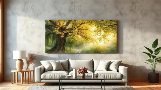 Mockup of a living room wall art canvas featuring a natural design, framed, decor, hanging