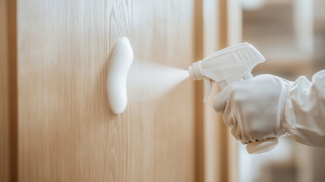 Gloved hand surface sanitizing solution, disinfecting wooden thorough with spraying cleaning technique for optimal hygiene protection
