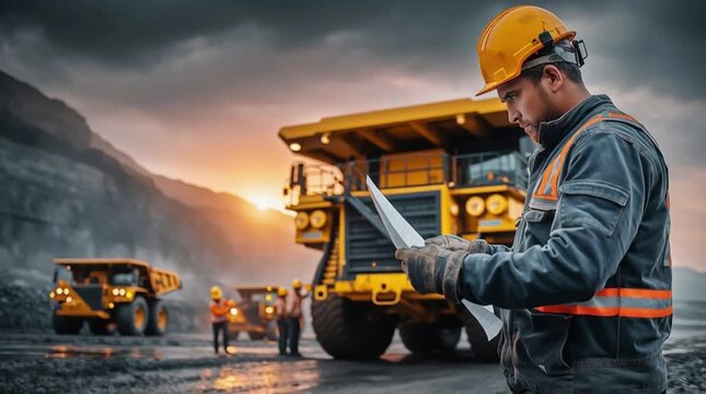 Mining Foreman Reviewing Plans at Open Pit Mine Site, Heavy Equipment Operation, Detailed Engineering Assessment, Quarry Inspection.