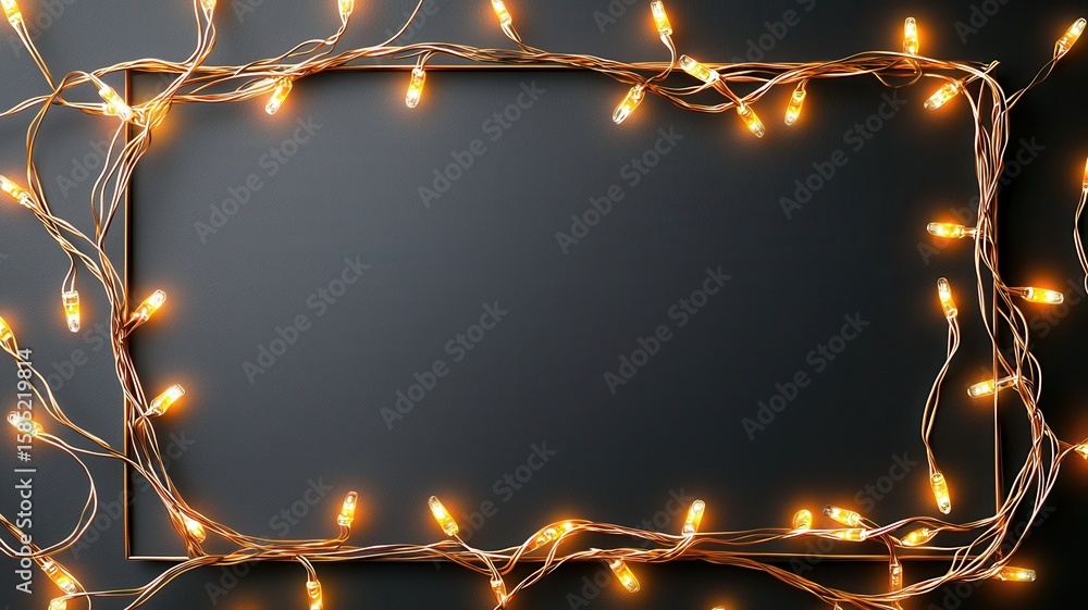 Poster luminous fairy lights adorning a rectangular frame against a dark backdrop, creating a warm and invi