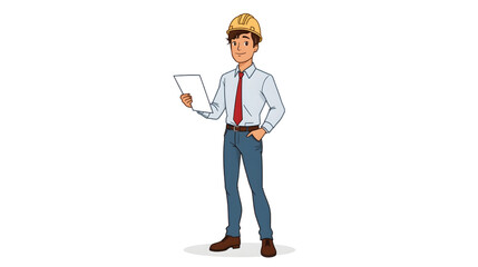 Vector illustration of a confident male engineer wearing a safety helmet and holding a document, symbolizing project planning and construction supervision in a professional setting.