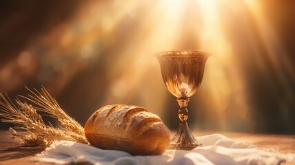 Golden chalice, freshly loaf cloth, of bread, and wheat stalks resting on white baked symbolizing the holy communion or eucharist