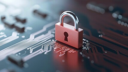 Red securing padlock on a computer circuit board is glowing data and connections, representing cybersecurity and data protection