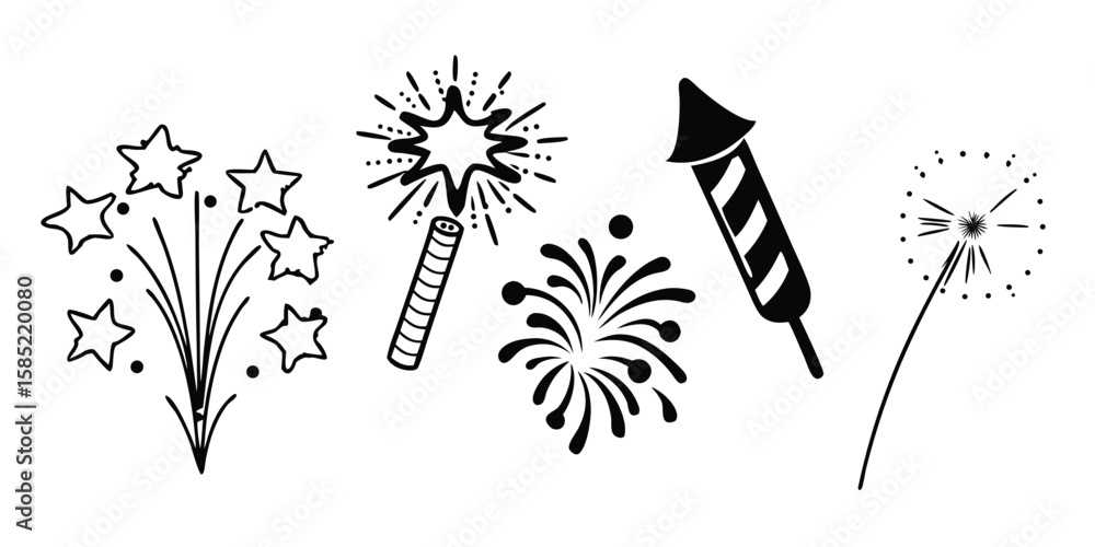 Poster festive fireworks icon set with five colorful variations on transparent background vibrant icon set 