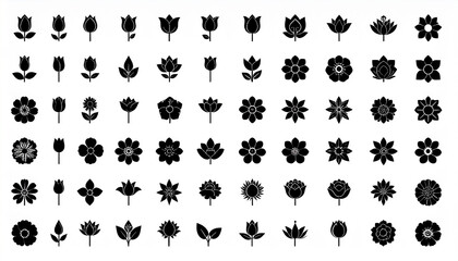Fototapeta premium Simple flower icons in svg black silhouettes featuring minimalist floral shapes on a white backgrou 