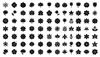 Fototapeta premium Simple flower icons in svg black silhouettes featuring minimalist floral shapes on a white backgrou 