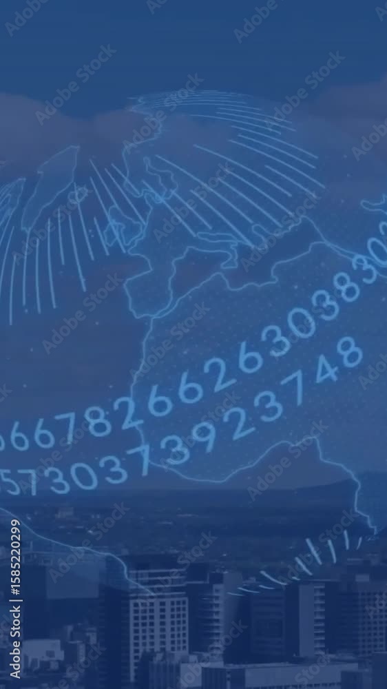 Aufkleber animation of data processing and globe over cityscape