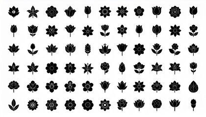 Simple flower icons in svg black silhouettes featuring minimalist floral shapes on a white backgrou

