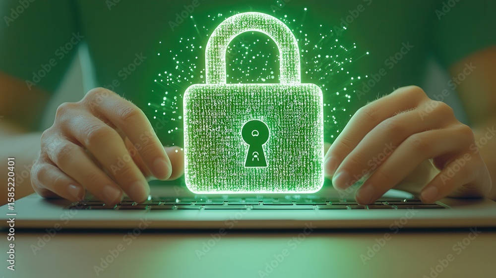 Aufkleber hands typing on laptop keyboard with glowing digital padlock, ensuring cybersecurity and data protec