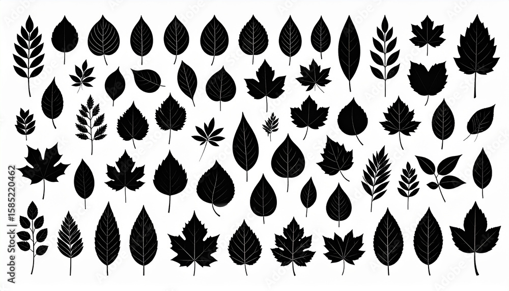 Poster a vector silhouette image of a black collection of leaf icons set with a white background