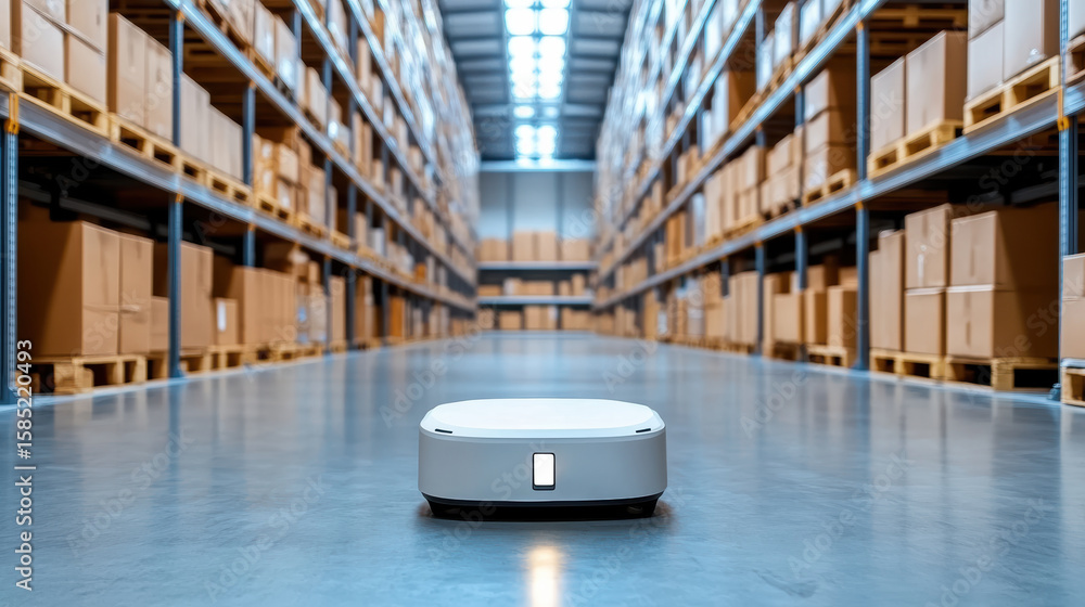 Poster self navigating warehouse robot moving through organized storage space, showcasing efficiency