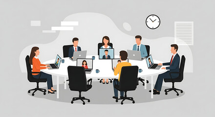 A clean vector graphic depicting a virtual business meeting. Colleagues participate remotely via laptop screens in a modern conference room setting.