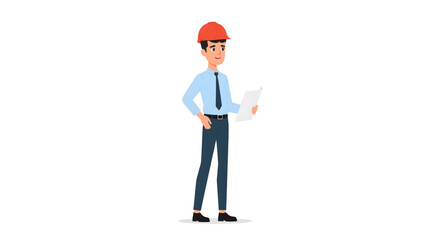 Vector illustration of a confident male engineer wearing a safety helmet and holding a document, symbolizing project planning and construction supervision in a professional setting.