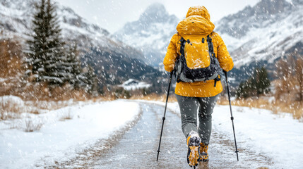 Bright yellow jacket winter hiking snow covered path mountain scenery outdoor adventure