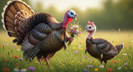 An action shot of a turkey character with wide, focused eyes, trying to catch a single, colorful autumn leaf as it falls from a tree.