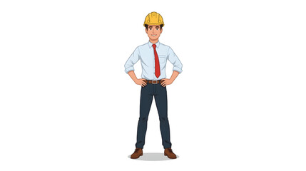 A professional male construction engineer character wearing a yellow safety helmet, light blue shirt, red tie, and formal trousers, standing confidently with a neutral white background.