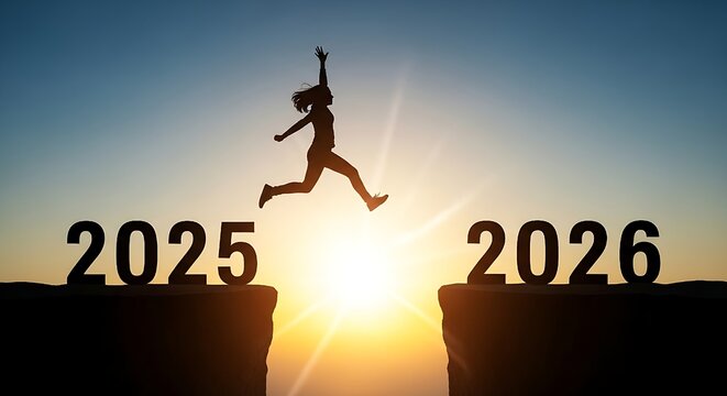 A lone woman's silhouette leaps confidently across a sunlit chasm separating "2025" and "2026," embodying future design and a creative concept of embracing new beginnings with natural light.