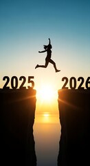 This visually compelling image of a woman leaping between the years 2025 and 2026 captures the essence of ambition, resilience, and the dynamic journey into the future.