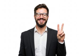 A happy businessman with glasses and a beard smiles while making a victory sign with his fingers, isolated on white isolated on transparent background