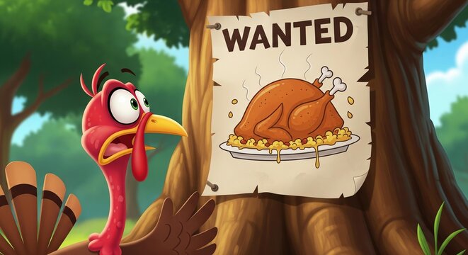 A turkey character looking with comic horror at a "WANTED" poster on a tree, which features a drawing of a cooked Thanksgiving turkey.