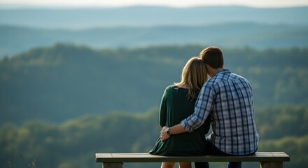 A couple embraces on a bench overlooking rolling hills at sunset