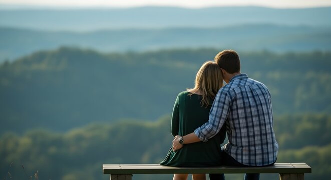 A couple embraces on a bench overlooking rolling hills at sunset