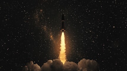 Rocket launch at night, fiery trail through clouds and stars.
