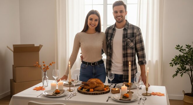 An aesthetic image of a young couple proudly standing by their beautifully set table, hosting their first Thanksgiving in their new home.