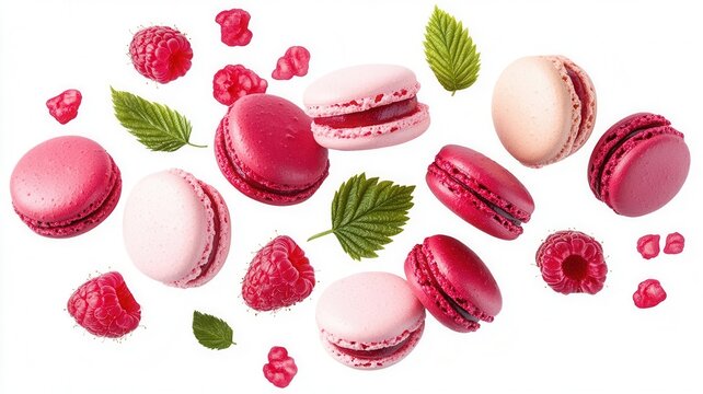 Fresh raspberries and delicious pink macarons flying on a white background, creating a vibrant and appetizing image